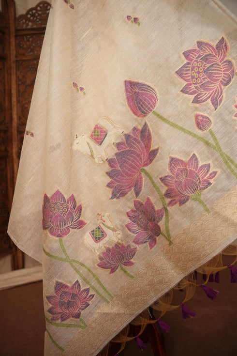 Contemporary Cow Beige Muga Cotton Jamdani Unstitched Suit Set